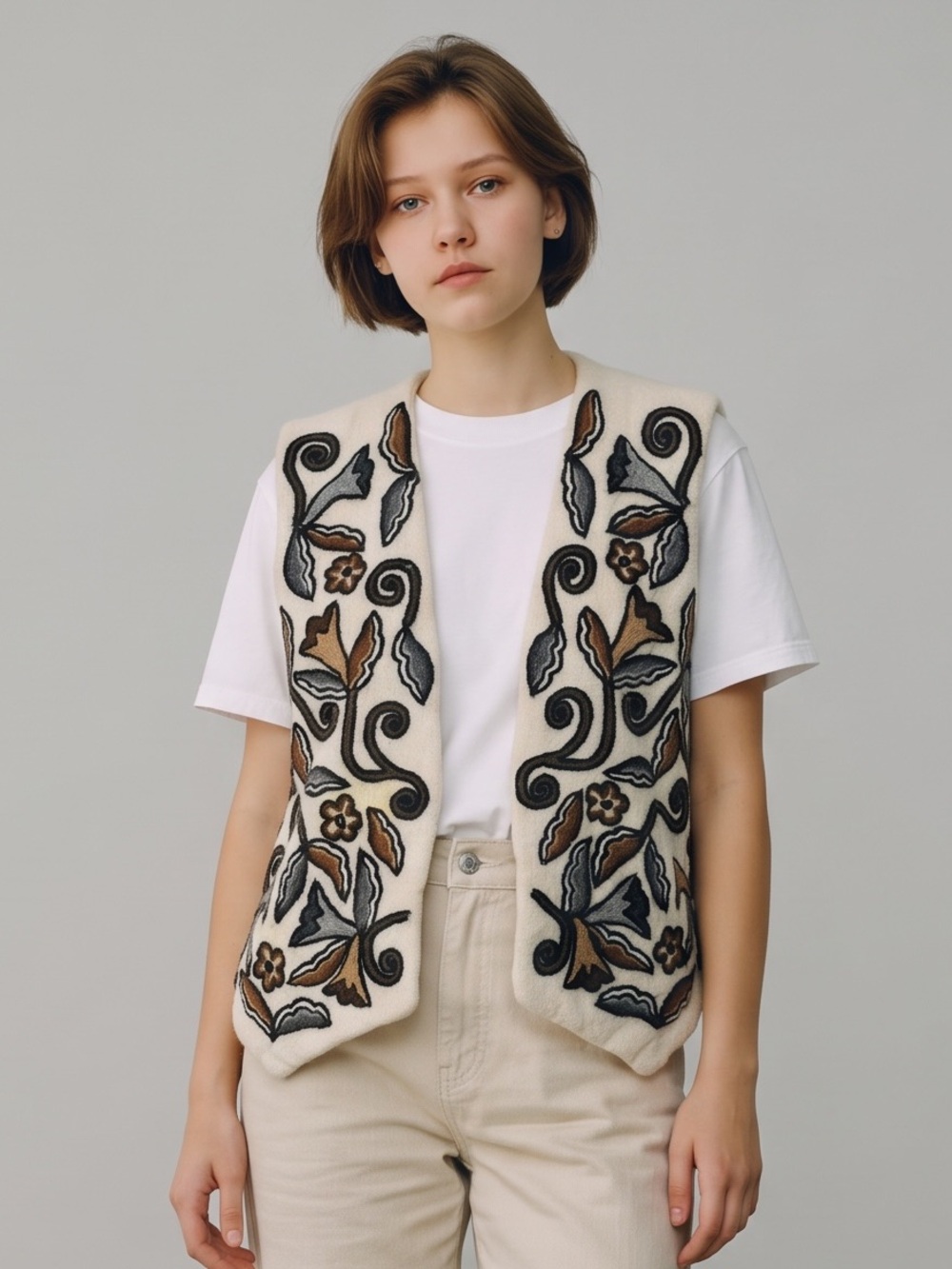 Handknit Artisan Bohemian Made in Cusco Peru floral embroidery open front vest.
